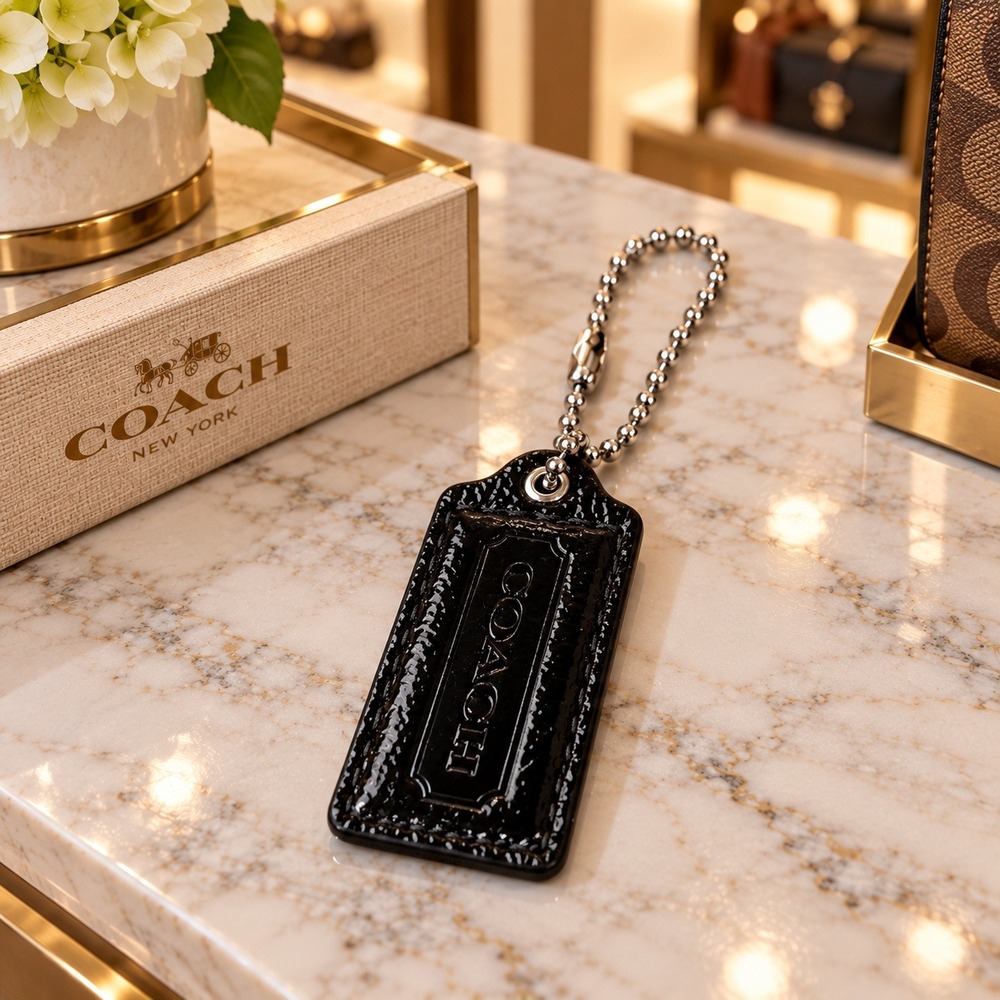 Coach Black Patent Leather Hangtag Replacement Purse Charm with Silver Chain